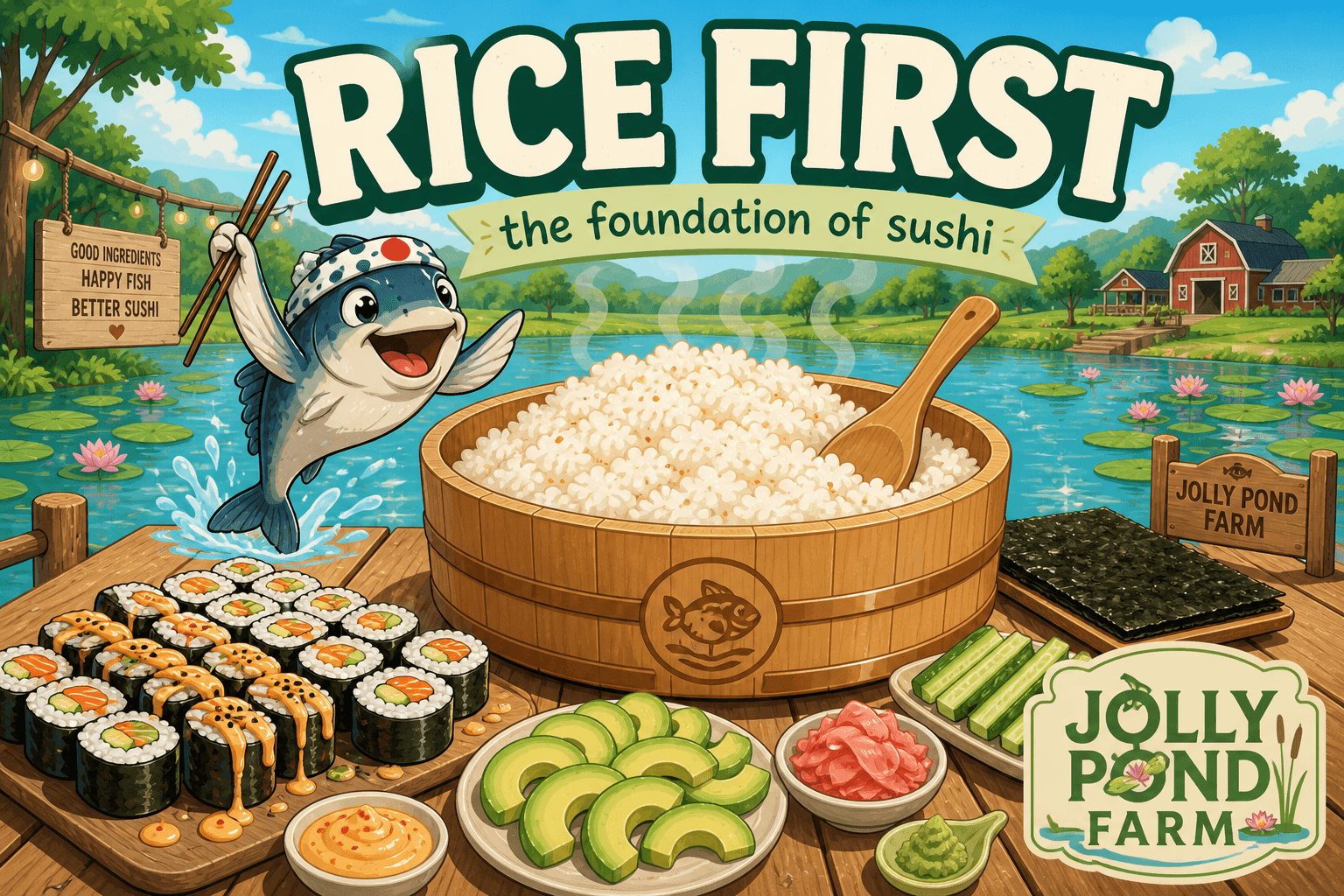 Private sushi class — rice first, hangiri on the pond